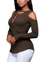 FARYSAYS Women's Sexy Cold Shoulder Blouse Lace-Up Ribbed Tops