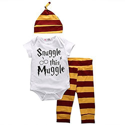 Baby Boys Girls Snuggle this Muggle Short Sleeve Bodysuit and Striped Pants Outfit with Hat (70 (0-6M), White+Yellow)