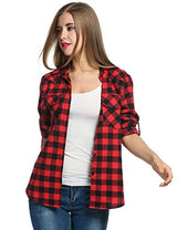 Zeagoo Women's Roll Up Sleeve Casual Loose Boyfriend Plaid Button Down Shirt