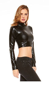 Red Hanger Women's Crop Top - Metallic Wet Look Mock Neck Turtleneck - Long Sleeve
