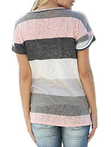 Q&Y Women's V-neck Striped Casual Short Sleeve T-shirt Blouse Tees Tops