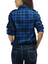 Allegra K Women Check Roll Up Sleeves Flap Pockets Brushed Shirt