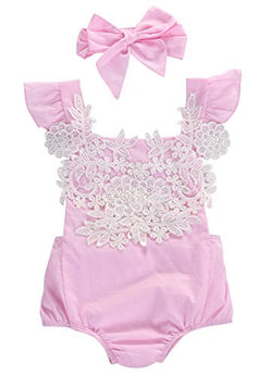 Baby Girls Lace Floral Romper Jumpsuit Bodysuit Headband Outfits Set
