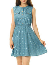 Allegra K Women Sleeveless Polka Dots Elastic Waist Denim Above Knee Shirt Dress