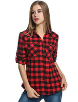Zeagoo Women's Roll Up Sleeve Casual Loose Boyfriend Plaid Button Down Shirt