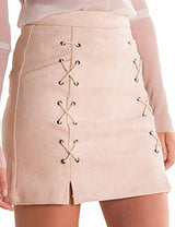 Prograce Women Sexy Criss Cross Tight Bodycon Faux Suede Stretch Mini Skirt