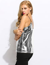 Romanstii Women Spaghetti Strap V-Neck Wet Look Clubwear Tank Tops - Free + Shipping
