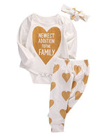 Baby Boys Girls Long Sleeve Gold Heart Romper Pants Headband 3pcs Outfits