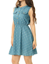 Allegra K Women Sleeveless Polka Dots Elastic Waist Denim Above Knee Shirt Dress