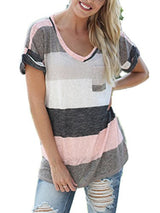 Q&Y Women's V-neck Striped Casual Short Sleeve T-shirt Blouse Tees Tops
