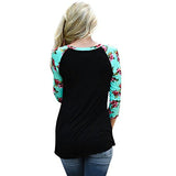 Women Color Block Floral Prints 3/4 Raglan Sleeves Tops Tee Shirt Casual Blouse