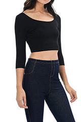 Womens Trendy Solid Color Basic Scooped Neck and Back Crop Top