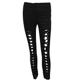 Women's Stylish Leggings Lace Up Front Hollow Out Black Twilled Skinny Pants