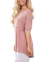 Annflat Women's Summer Solid Short Sleeve Casual Shirts Pocket Blouse Tops(S-2XL)