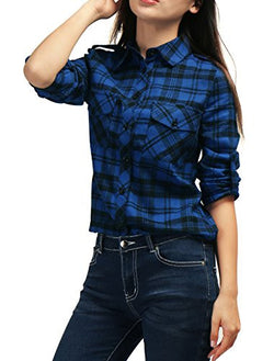 Allegra K Women Check Roll Up Sleeves Flap Pockets Brushed Shirt