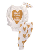 Baby Boys Girls Long Sleeve Gold Heart Romper Pants Headband 3pcs Outfits