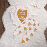 Baby Boys Girls Long Sleeve Gold Heart Romper Pants Headband 3pcs Outfits
