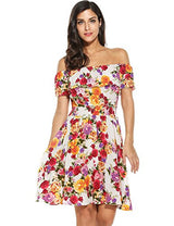 Meaneor Womens Summer Casual Floral Off Shoulder Ruffled A Line Swing Dress - Free + Shipping
