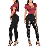 Women's Stylish Leggings Lace Up Front Hollow Out Black Twilled Skinny Pants