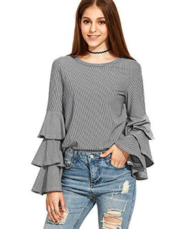 SheIn Women's Striped Layered Bell Sleeve Ruffle Blouse