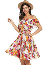 Meaneor Womens Summer Casual Floral Off Shoulder Ruffled A Line Swing Dress - Free + Shipping
