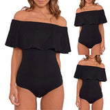 Orangeskycn Fashion Bardot Off Shoulder Sleeveless Frill Bodysuit Leotard Top (L)