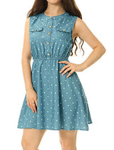 Allegra K Women Sleeveless Polka Dots Elastic Waist Denim Above Knee Shirt Dress