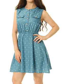 Allegra K Women Sleeveless Polka Dots Elastic Waist Denim Above Knee Shirt Dress