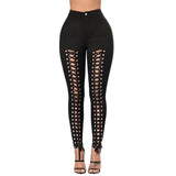 Women's Stylish Leggings Lace Up Front Hollow Out Black Twilled Skinny Pants