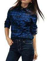 Allegra K Women Check Roll Up Sleeves Flap Pockets Brushed Shirt