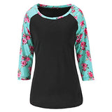 Women Color Block Floral Prints 3/4 Raglan Sleeves Tops Tee Shirt Casual Blouse