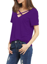 Romastory Women's Summer Tops Bandage V-Neck Casual Girls Tees T Shirt