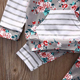 Baby Girl 2pcs Set Outfit Flower Print Hoodies with Pocket Top+Striped Long Pants