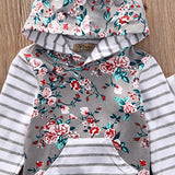 Baby Girl 2pcs Set Outfit Flower Print Hoodies with Pocket Top+Striped Long Pants