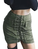 Allegrace Women Sexy Lace Up Bodycon Faux Suede Fashion Big Pocket Mini Skirt