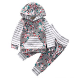 Baby Girl 2pcs Set Outfit Flower Print Hoodies with Pocket Top+Striped Long Pants