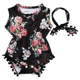 Cute Adorable Floral Romper Baby Girls Sleeveless Tassel Romper One-pieces +Headband Sunsuit Outfit Clothes