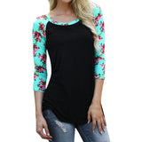 Women Color Block Floral Prints 3/4 Raglan Sleeves Tops Tee Shirt Casual Blouse