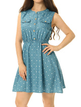Allegra K Women Sleeveless Polka Dots Elastic Waist Denim Above Knee Shirt Dress