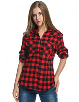 Zeagoo Women's Roll Up Sleeve Casual Loose Boyfriend Plaid Button Down Shirt