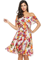 Meaneor Womens Summer Casual Floral Off Shoulder Ruffled A Line Swing Dress