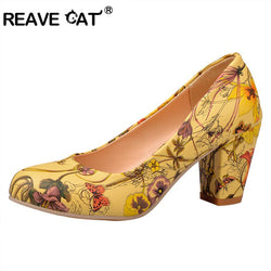 New Fashion Freeshipping  Casual Round toe women shoes  middle thick heel with Print Flower Sexy Shoes Fashion Cool RL775
