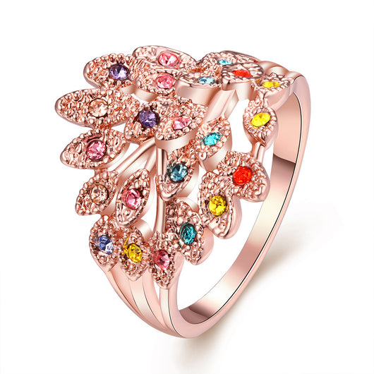 Rose Gold Plated Finger Ring Flower Colorful Crystal Round Jewelry Accessories Women Free Shipping - Free + Shipping