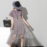 [Soonyour] 2017 ربيع الموضة الجديدة نمط فضفاض وهمية اثنين بأكمام قصيرة الرباط مستقيم اللباس ضئيلة صافي غزل فاتنة كبير الحجم النساء