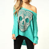 Skull Print Women Fashion Warm Charming Girls Long Sleeve Knit Off Shoulder Backeless Irregular Sexy Casual Top Outwear Sweater