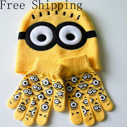Hot! Cap + gloves Winter Hat Children Cartoon Hats Minions Glove Sets Fashion Baby Kids Warm Knit Small yellow people Gloves Hat