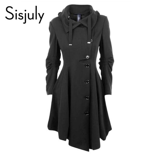 Sisjuly Asymmetric Black Coat Stand Collar Long Sleeve Women Overcoat Elegant Single-Breasted Long Sleeve Slim Fall Winter