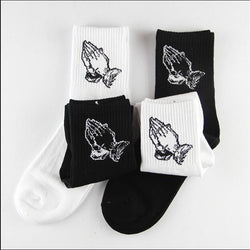 Fashion skate cotton crew socks of Virgin Mary gesture pattern for men women tide brand hip hop funny novelty  white black Funky