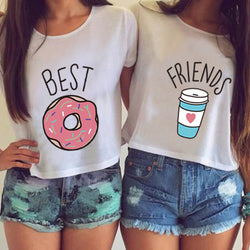 H599 2016 Hot Sale Summer Women T-shirt Cute T Shirt Donut And Coffee Duo Print Funny Best Friends Tees Couple Tops