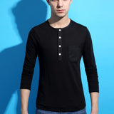 2015 Special Offer Free shipping Full Cotton O-neck Fashion New Button Fitting Long Sleeved T-shirt Solid T-Shirt